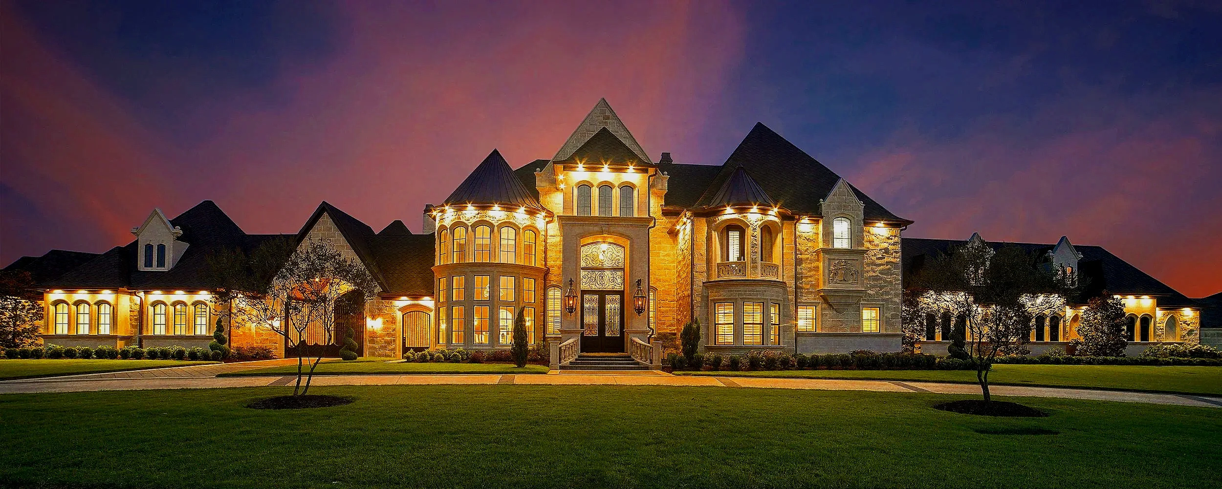 Luxury home exterior at dusk in Reston, Virginia